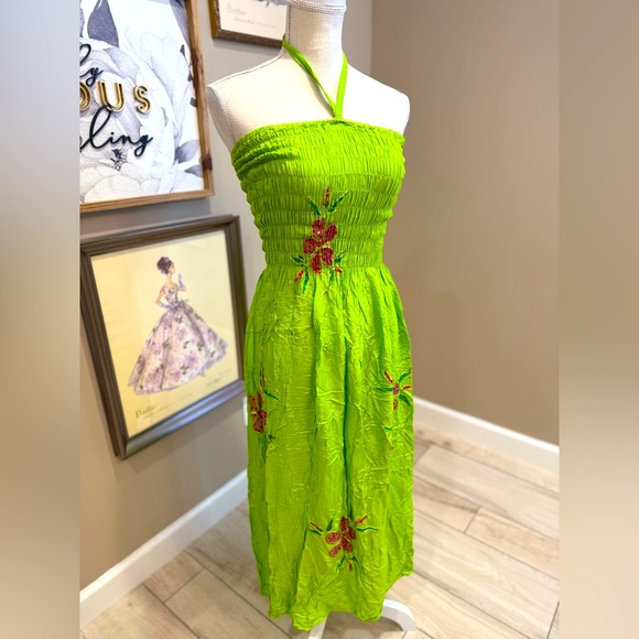 Like New! VACATION Green Halter Dress with Sequin Floral Embroidery - Picture 1 of 5
